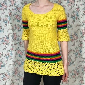 Vintage 70s Handmade sunshine yellow rainbow striped tunic sweater